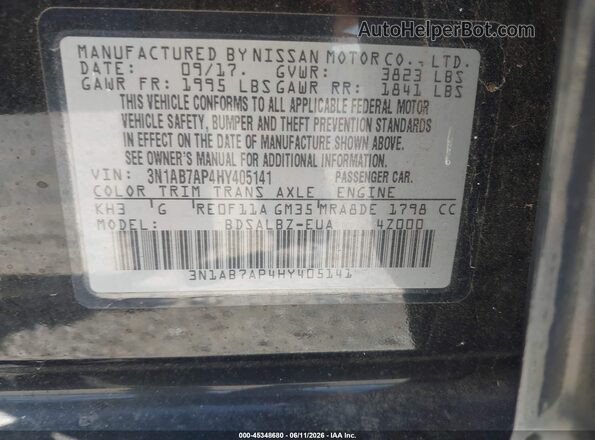 3N1AB7AP4HY405141 2017 NISSAN SENTRA Черный Вид подкапотного пространства