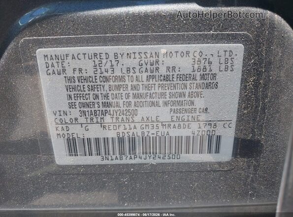 3N1AB7AP4JY242500 2018 NISSAN SENTRA Gray Вид підкапотного простору