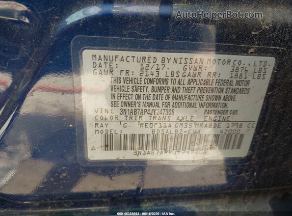 3N1AB7AP4JY247308 2018 NISSAN SENTRA Blue Vista del compartimento del motor