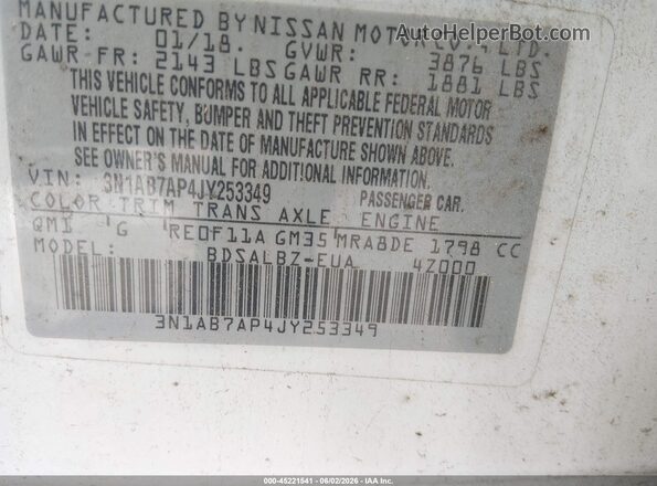 3N1AB7AP4JY253349 2018 NISSAN SENTRA White 