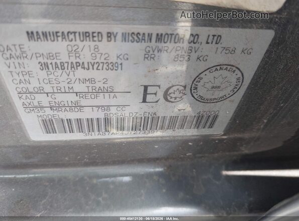 3N1AB7AP4JY273391 2018 NISSAN SENTRA Gray Widok komory silnika