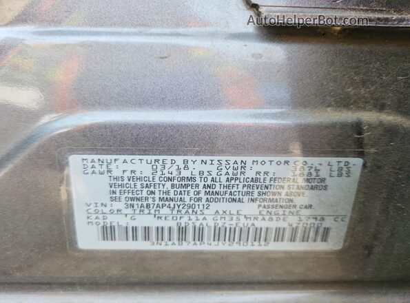 3N1AB7AP4JY290112 2018 NISSAN SENTRA Gray VIN sticker view