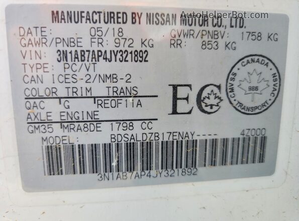 3N1AB7AP4JY321892 2018 NISSAN SENTRA White VIN sticker view