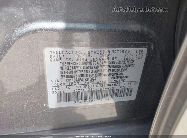3N1AB7AP4JY340894 2018 NISSAN SENTRA Gray ძრავის განყოფილების ხედი