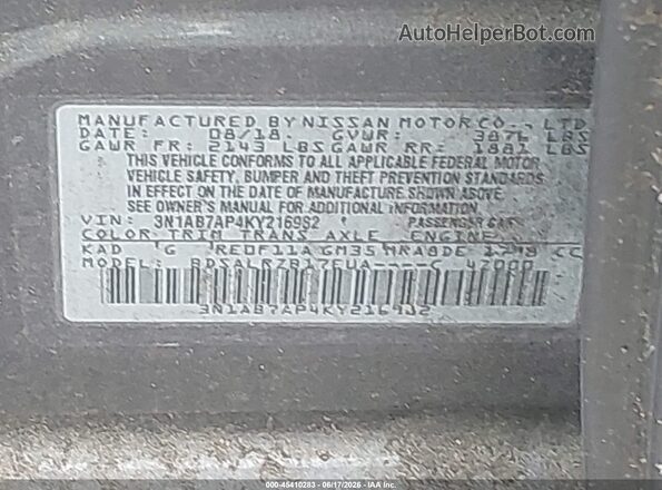 3N1AB7AP4KY216982 2019 NISSAN SENTRA Gray 