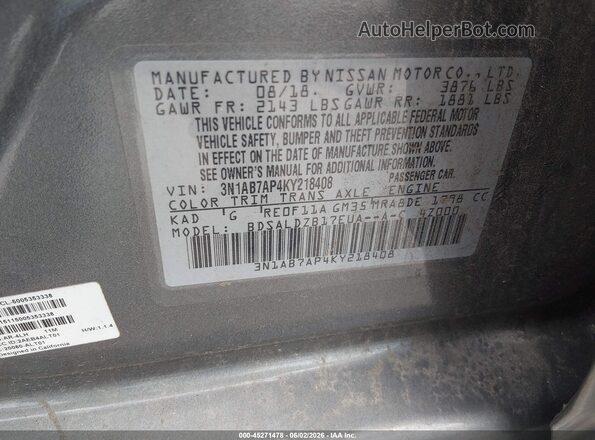 3N1AB7AP4KY218408 2019 NISSAN SENTRA Gray Widok komory silnika