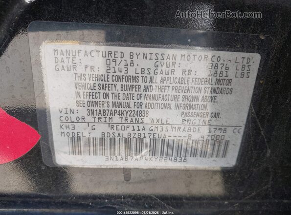 3N1AB7AP4KY224838 2019 NISSAN SENTRA Black ძრავის განყოფილების ხედი