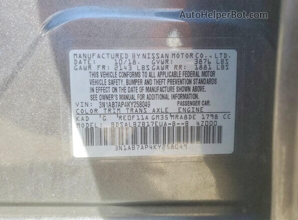 3N1AB7AP4KY258049 2019 NISSAN SENTRA Gray Вид наклейки з VIN-кодом