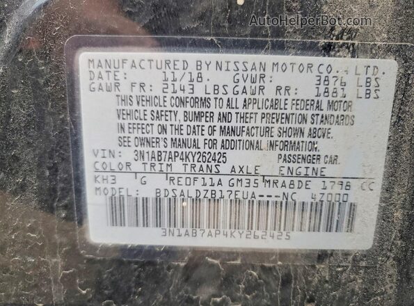 3N1AB7AP4KY262425 2019 NISSAN SENTRA Black Вид підкапотного простору