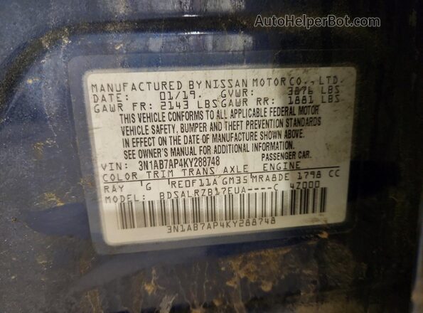 3N1AB7AP4KY288748 2019 NISSAN SENTRA Синий 
