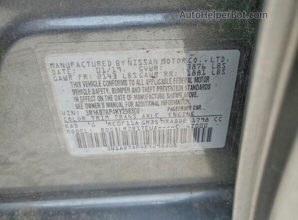 3N1AB7AP4KY298308 2019 NISSAN SENTRA Gray Вид наклейки з VIN-кодом