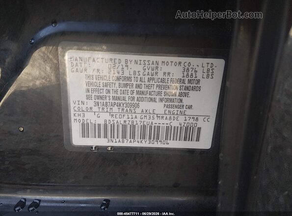 3N1AB7AP4KY309906 2019 NISSAN SENTRA Black Շարժիչի բաժամունքի տեսք
