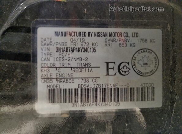 3N1AB7AP4KY340105 2019 NISSAN SENTRA Black Вид наклейки з VIN-кодом