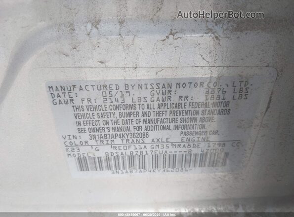 3N1AB7AP4KY362086 2019 NISSAN SENTRA Silver Engine compartment view