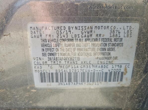 3N1AB7AP4KY362119 2019 NISSAN SENTRA Серый Вид наклейки с VIN-кодом
