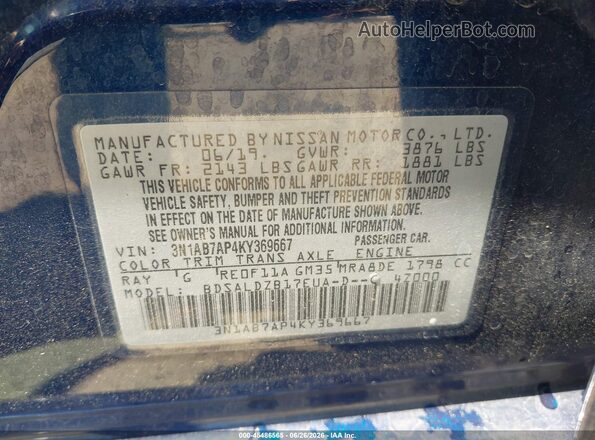3N1AB7AP4KY369667 2019 NISSAN SENTRA Blue Շարժիչի բաժամունքի տեսք