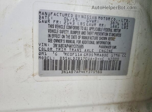 3N1AB7AP4KY375985 2019 NISSAN SENTRA Белый 