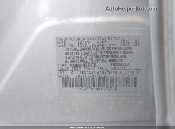 3N1AB7AP4KY431746 2019 NISSAN SENTRA Silver Widok komory silnika