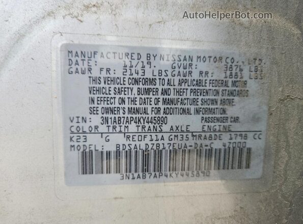 3N1AB7AP4KY445890 2019 NISSAN SENTRA Серебряный Вид наклейки с VIN-кодом