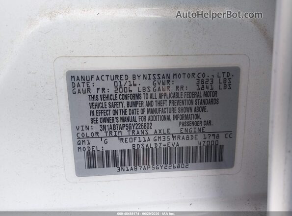 3N1AB7AP5GY226802 2016 NISSAN SENTRA White Vista del compartimento del motor