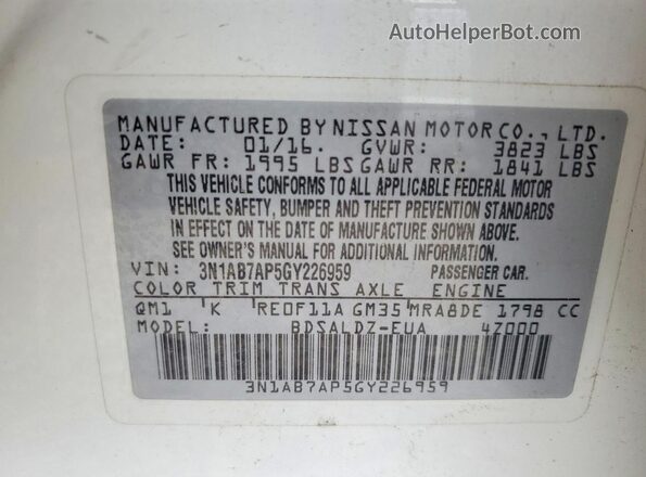 3N1AB7AP5GY226959 2016 NISSAN SENTRA Белый Вид наклейки с VIN-кодом