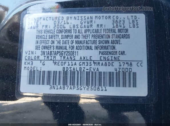3N1AB7AP5GY250811 2016 NISSAN SENTRA Black 