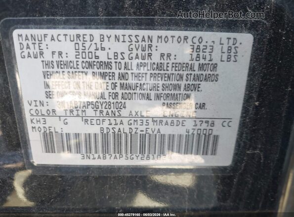 3N1AB7AP5GY281024 2016 NISSAN SENTRA Черный Вид подкапотного пространства