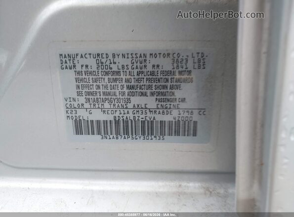 3N1AB7AP5GY301935 2016 NISSAN SENTRA Silver ძრავის განყოფილების ხედი