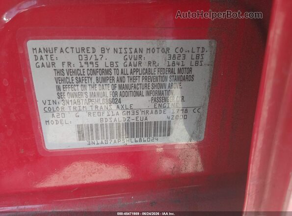 3N1AB7AP5HL686024 2017 NISSAN SENTRA Red Շարժիչի բաժամունքի տեսք