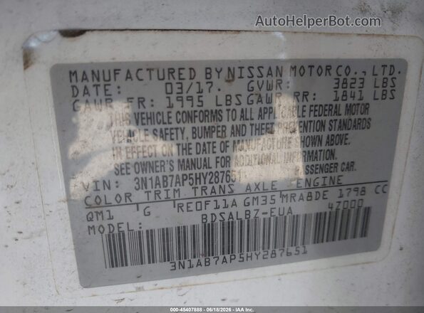 3N1AB7AP5HY287651 2017 NISSAN SENTRA White Vista del compartimento del motor