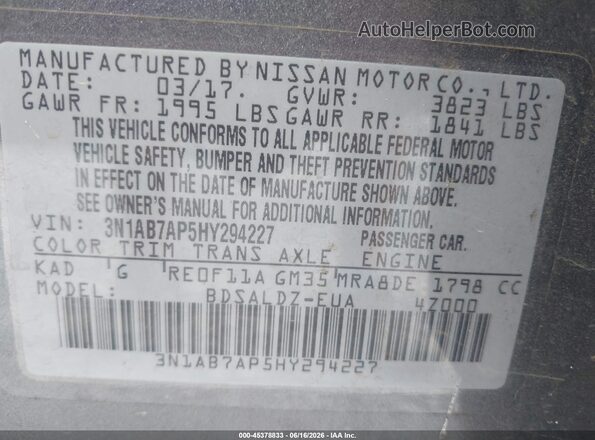 3N1AB7AP5HY294227 2017 NISSAN SENTRA Gray ძრავის განყოფილების ხედი
