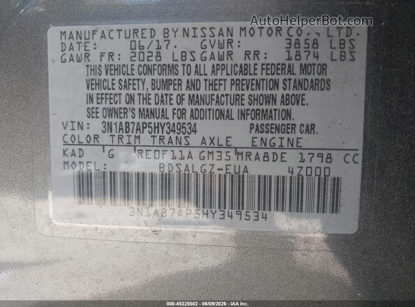 3N1AB7AP5HY349534 2017 NISSAN SENTRA Серый Вид подкапотного пространства