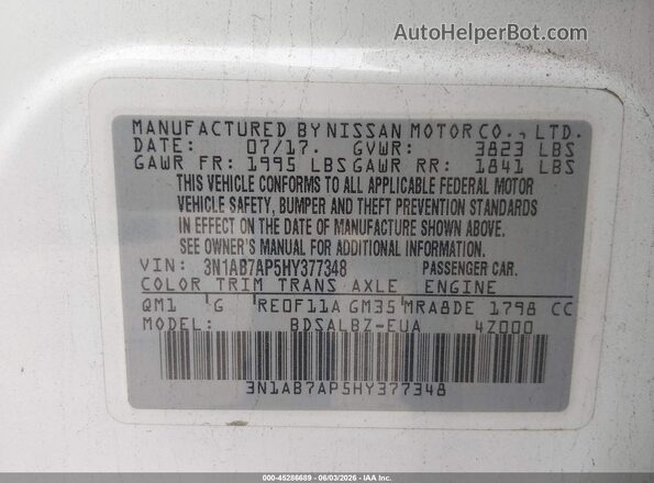 3N1AB7AP5HY377348 2017 NISSAN SENTRA White Widok komory silnika