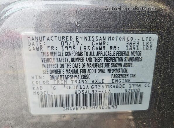 3N1AB7AP5HY403690 2017 NISSAN SENTRA Gray Widok komory silnika