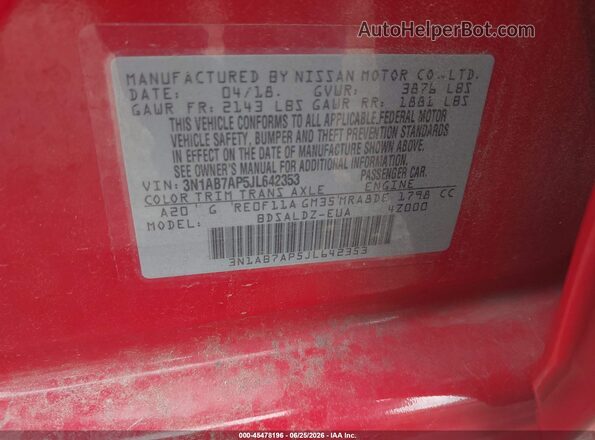 3N1AB7AP5JL642353 2018 NISSAN SENTRA Red Engine compartment view