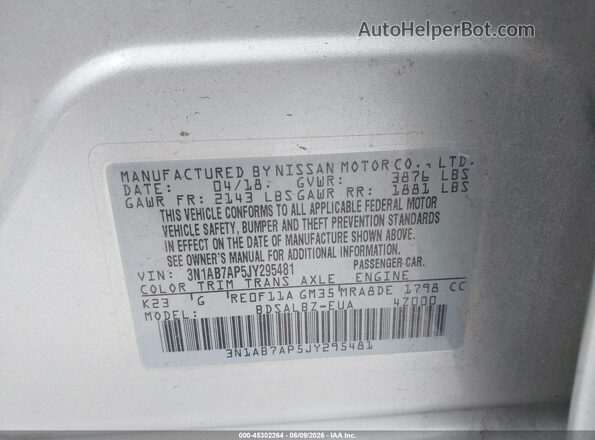 3N1AB7AP5JY295481 2018 NISSAN SENTRA Silver ძრავის განყოფილების ხედი