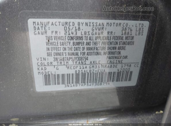 3N1AB7AP5JY308794 2018 NISSAN SENTRA Gray Widok komory silnika