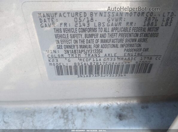 3N1AB7AP5JY313364 2018 NISSAN SENTRA Gray Вид підкапотного простору