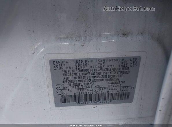 3N1AB7AP5JY316202 2018 NISSAN SENTRA Белый Вид подкапотного пространства