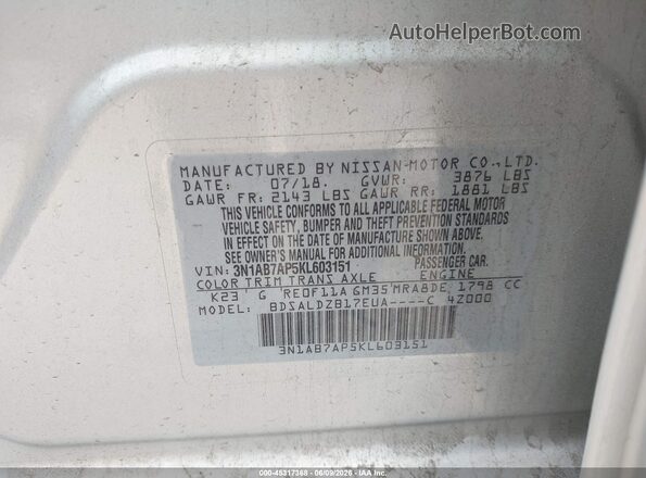 3N1AB7AP5KL603151 2019 NISSAN SENTRA Серебряный 