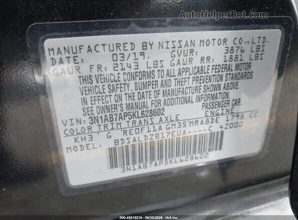 3N1AB7AP5KL628602 2019 NISSAN SENTRA Черный Вид подкапотного пространства