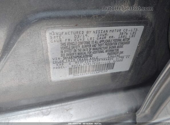 3N1AB7AP5KL629152 2019 NISSAN SENTRA Gray ძრავის განყოფილების ხედი