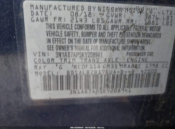 3N1AB7AP5KY208941 2019 NISSAN SENTRA Синий Вид подкапотного пространства