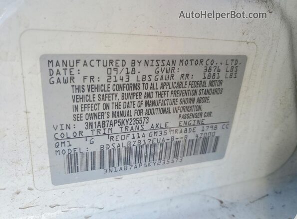 3N1AB7AP5KY235573 2019 NISSAN SENTRA Белый Вид подкапотного пространства