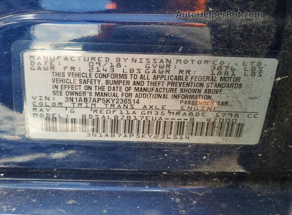 3N1AB7AP5KY236514 2019 NISSAN SENTRA Blue 