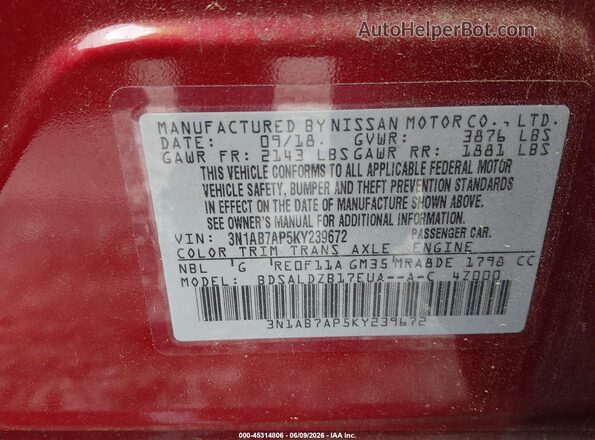 3N1AB7AP5KY239672 2019 NISSAN SENTRA Red ძრავის განყოფილების ხედი