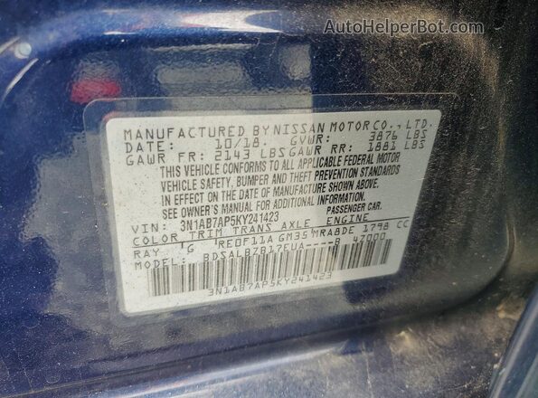 3N1AB7AP5KY241423 2019 NISSAN SENTRA Blue Widok komory silnika