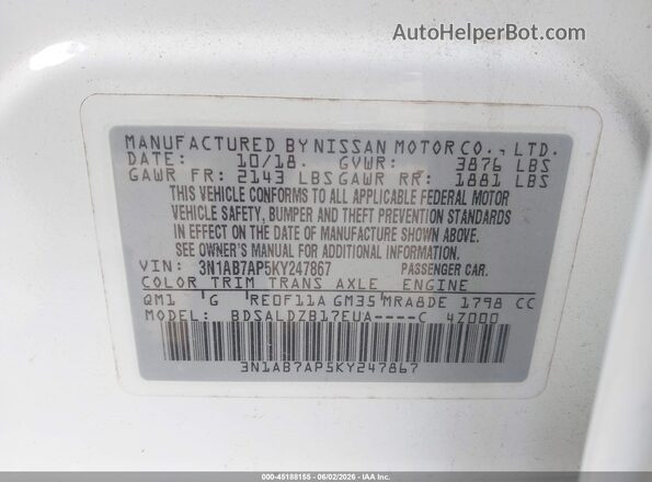 3N1AB7AP5KY247867 2019 NISSAN SENTRA White Engine compartment view