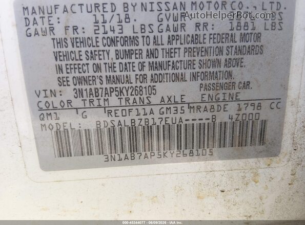 3N1AB7AP5KY268105 2019 NISSAN SENTRA White Widok komory silnika