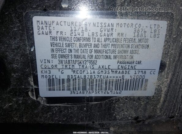 3N1AB7AP5KY269562 2019 NISSAN SENTRA Black ძრავის განყოფილების ხედი